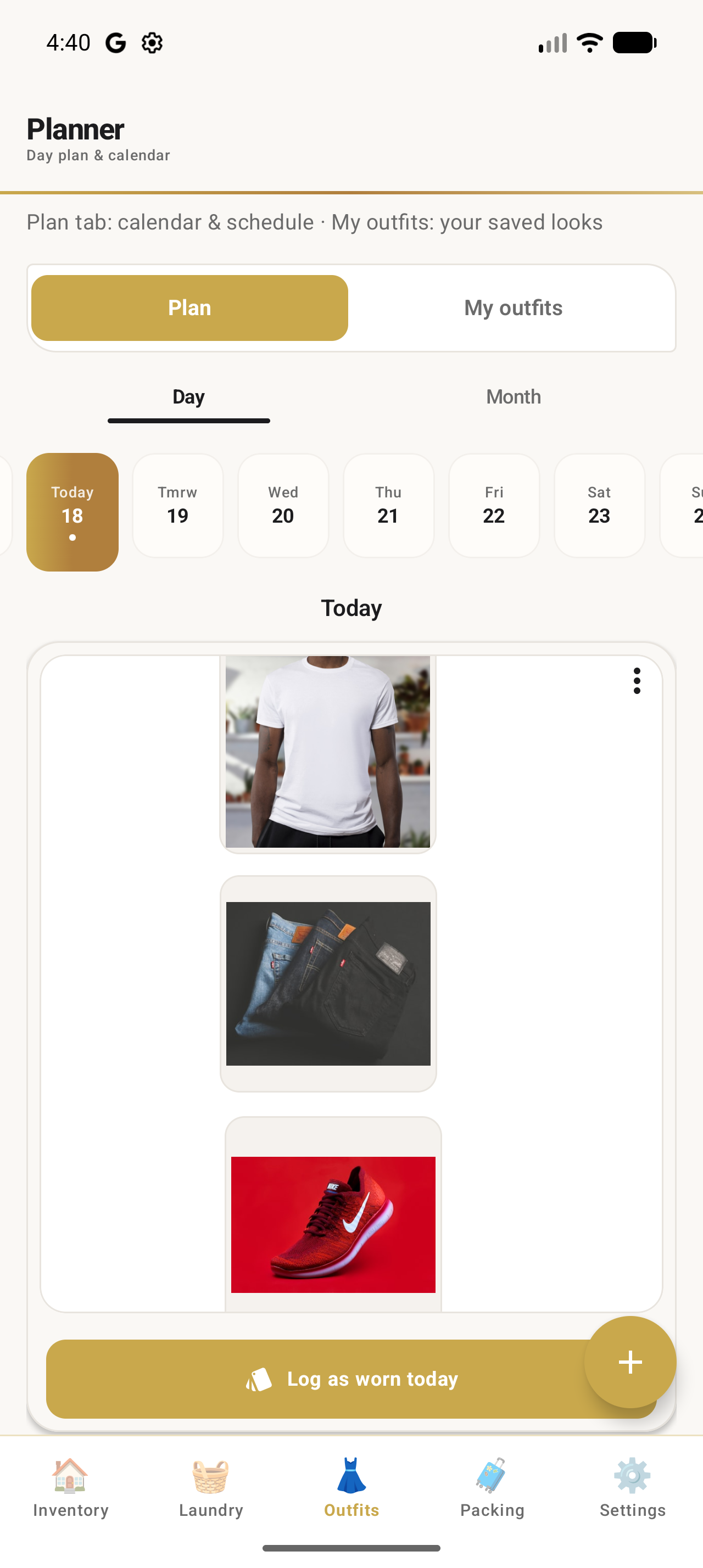 Outfit planner calendar